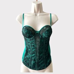Vintage Victoria’s Secret Satin Lace Bustier Top, Size 34B, Emerald Green/Black